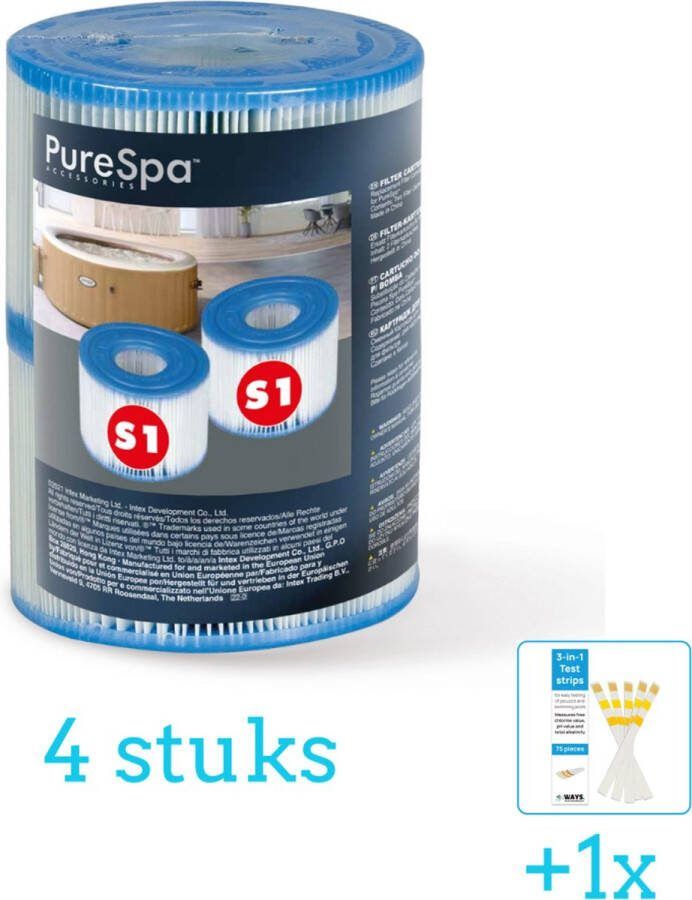 Intex Filter Cartridge S1 voor Opblaas Spa Jacuzzi (per 2 verpakt) 4 stuks Voordeelverpakking Inclusief WAYS Testrips (1 stuks) Geschikt voor Spa