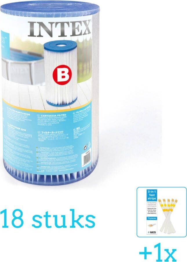 Intex Filtercartridge Type B 29005 Filter voor filterpomp 18 stuks Voordeelverpakking Inclusief WAYS Testrips (1 stuks) Type B filter Geschikt voor 28634GS Pomp