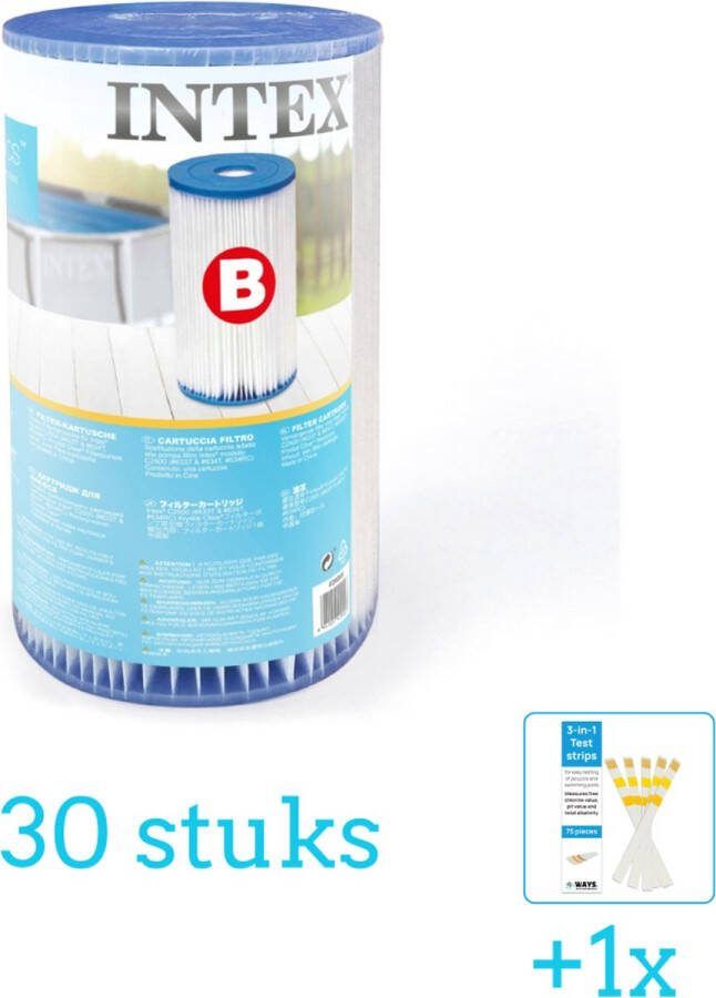 Intex Filtercartridge Type B 29005 Filter voor filterpomp 30 stuks Voordeelverpakking Inclusief WAYS Testrips (1 stuks) Type B filter Geschikt voor 28634GS Pomp