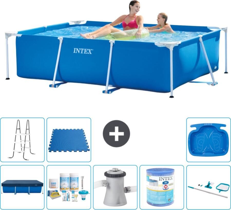 Intex Frame Pool Intex Rechthoekig Frame Zwembad 220 x 150 x 60 cm Blauw Inclusief Afdekzeil Onderhoudspakket Zwembadfilterpomp Filter Schoonmaakset Ladder Voetenbad Vloertegels