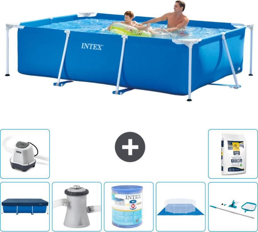 Intex Frame Pool Intex Rechthoekig Frame Zwembad 260 x 160 x 65 cm Blauw Inclusief Afdekzeil Zwembadfilterpomp Filter Grondzeil Schoonmaakset Zoutwatersysteem Zwembadzout