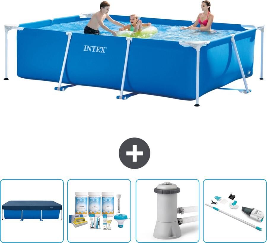 Intex Frame Pool Intex Rechthoekig Frame Zwembad 300 x 200 x 75 cm Blauw Inclusief Afdekzeil Onderhoudspakket Zwembadfilterpomp Stofzuiger