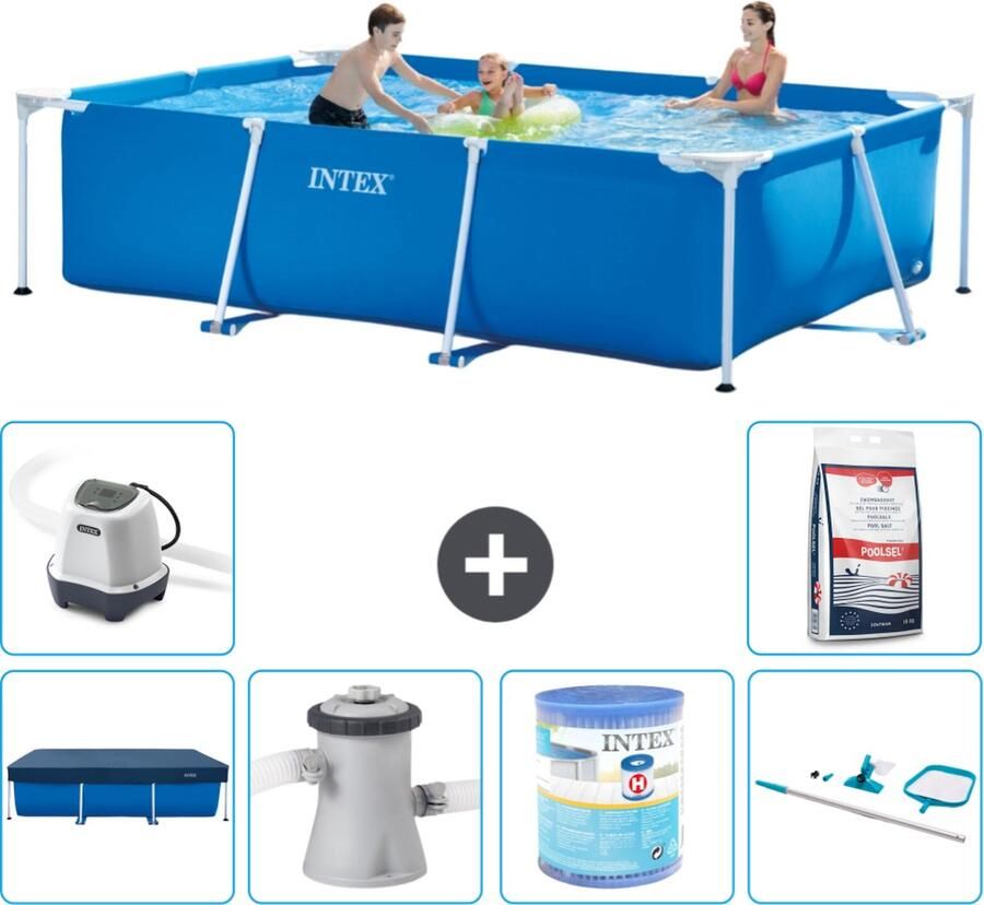 Intex Frame Pool Intex Rechthoekig Frame Zwembad 300 x 200 x 75 cm Blauw Inclusief Afdekzeil Zwembadfilterpomp Filter Schoonmaakset Zoutwatersysteem Zwembadzout