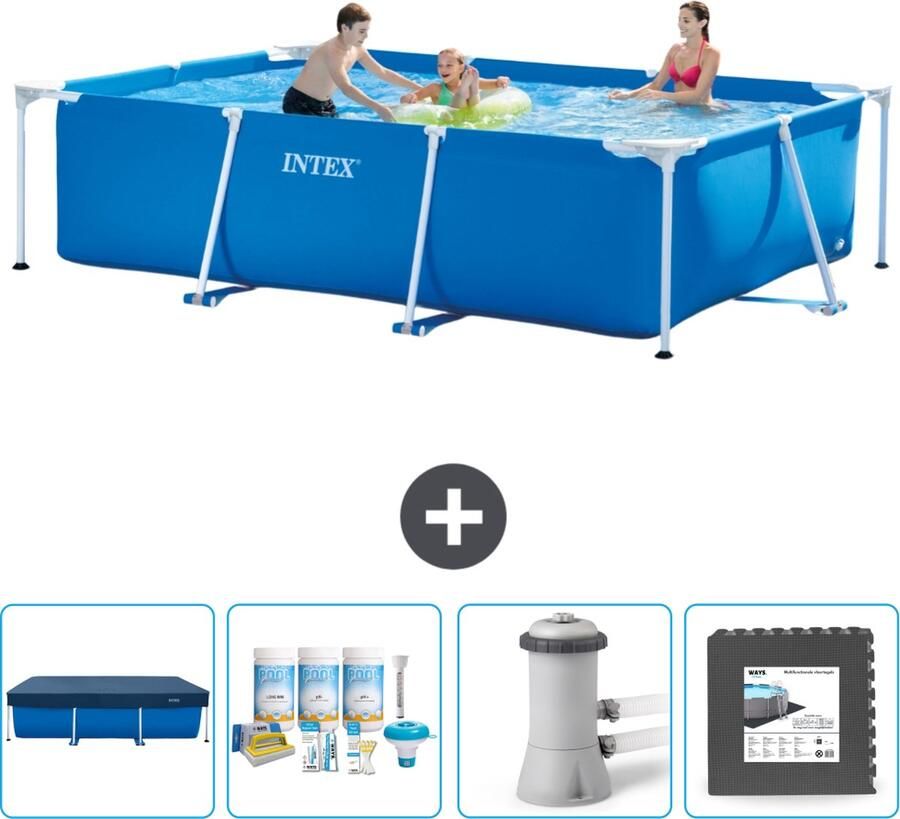 Intex Frame Pool Intex Rechthoekig Frame Zwembad 300 x 200 x 75 cm Blauw Inclusief Afdekzeil Onderhoudspakket Zwembadfilterpomp Vloertegels