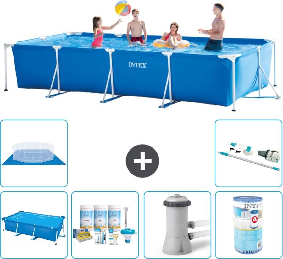 Intex Frame Pool Intex Rechthoekig Frame Zwembad 450 x 220 x 84 cm Blauw Inclusief Solarzeil Onderhoudspakket Zwembadfilterpomp Filter Grondzeil Stofzuiger
