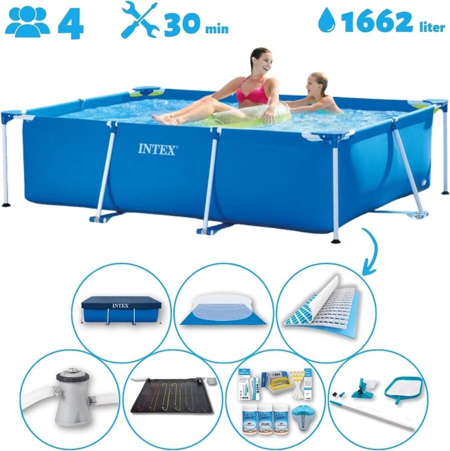 Intex Frame Pool Intex Rechthoekig Opzetzwembad 220 x 150 x 60 cm Blauw Inclusief Pomp Solar Mat Onderhoudspakket Grondzeil Afdekzeil Schoonmaaktset