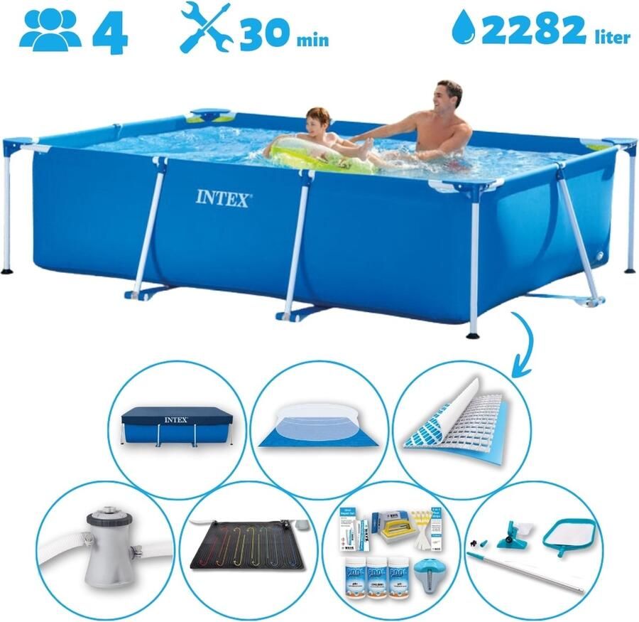 Intex Frame Pool Intex Rechthoekig Opzetzwembad 260 x 160 x 65 cm Blauw Inclusief Pomp Solar Mat Onderhoudspakket Grondzeil Afdekzeil Schoonmaaktset