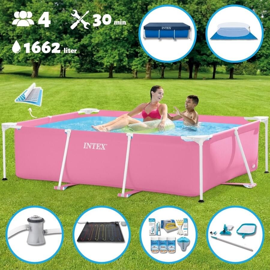 Intex Frame Pool Intex Zwembad Opzetzwembad Rechthoekig 220 x 150 x 60 cm Roze Inclusief Pomp Verwarmingsmat Chloorpakket Onderzeil Afdekzeil Schoonmaaktset