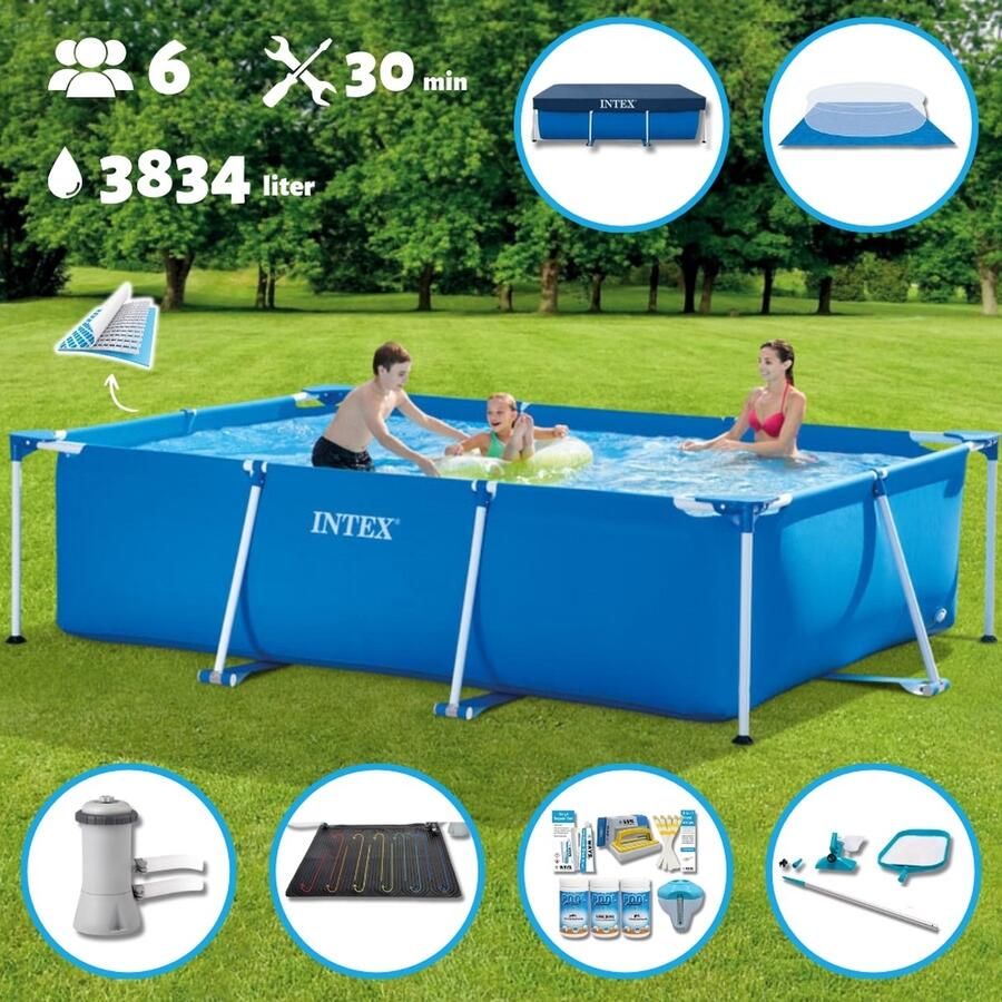 Intex Frame Pool Intex Zwembad Opzetzwembad Rechthoekig 300 x 200 x 75 cm Blauw Inclusief Pomp Verwarmingsmat Chloorpakket Onderzeil Afdekzeil Schoonmaaktset
