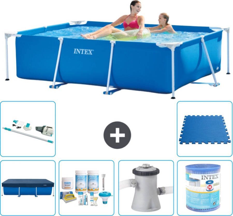 Intex Frame Pool Intex Rechthoekig Frame Zwembad 220 x 150 x 60 cm Blauw Inclusief Afdekzeil Onderhoudspakket Zwembadfilterpomp Filter Stofzuiger Vloertegels