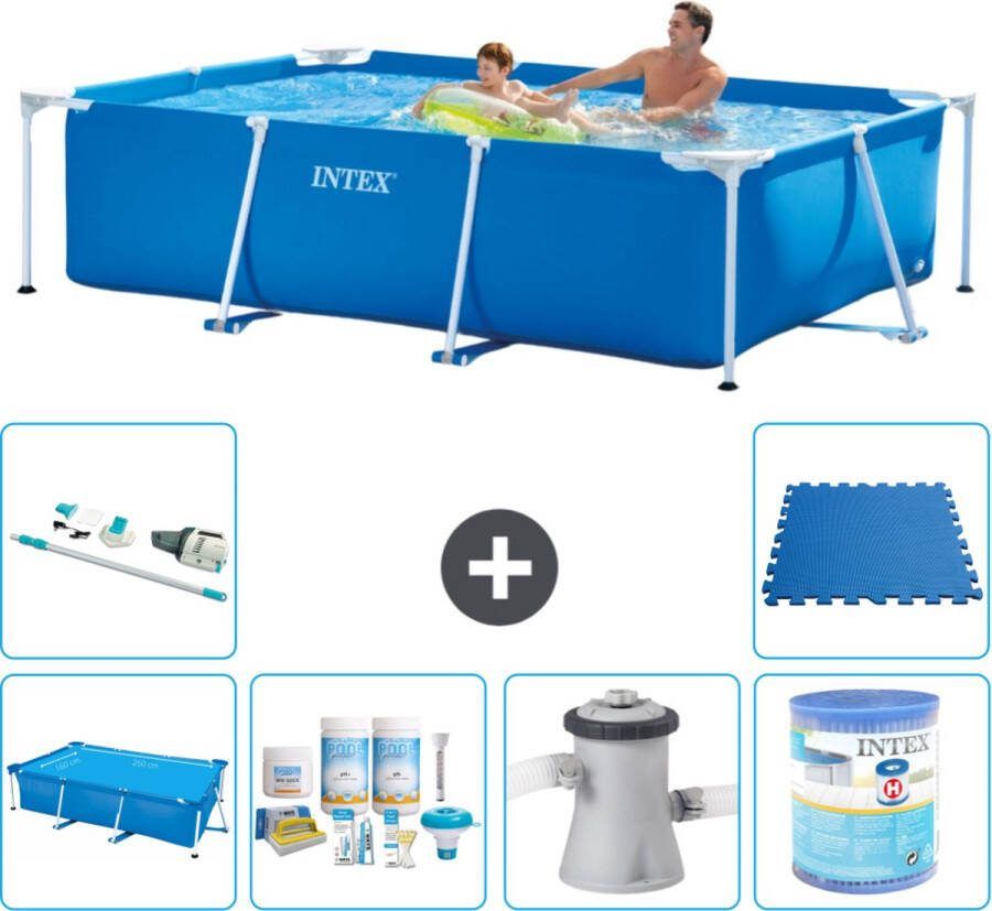 Intex Frame Pool Intex Rechthoekig Frame Zwembad 260 x 160 x 65 cm Blauw Inclusief Solarzeil Onderhoudspakket Zwembadfilterpomp Filter Stofzuiger Vloertegels