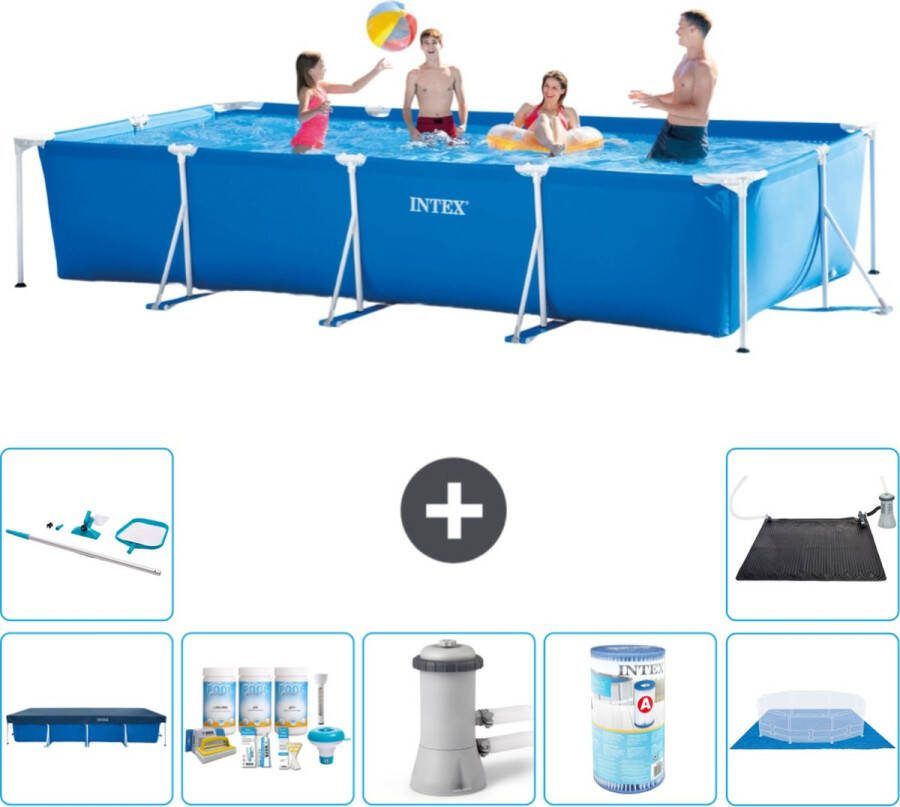 Intex Frame Pool Intex Rechthoekig Frame Zwembad 450 x 220 x 84 cm Blauw Inclusief Afdekzeil Onderhoudspakket Zwembadfilterpomp Filter Grondzeil Schoonmaakset Solar Mat