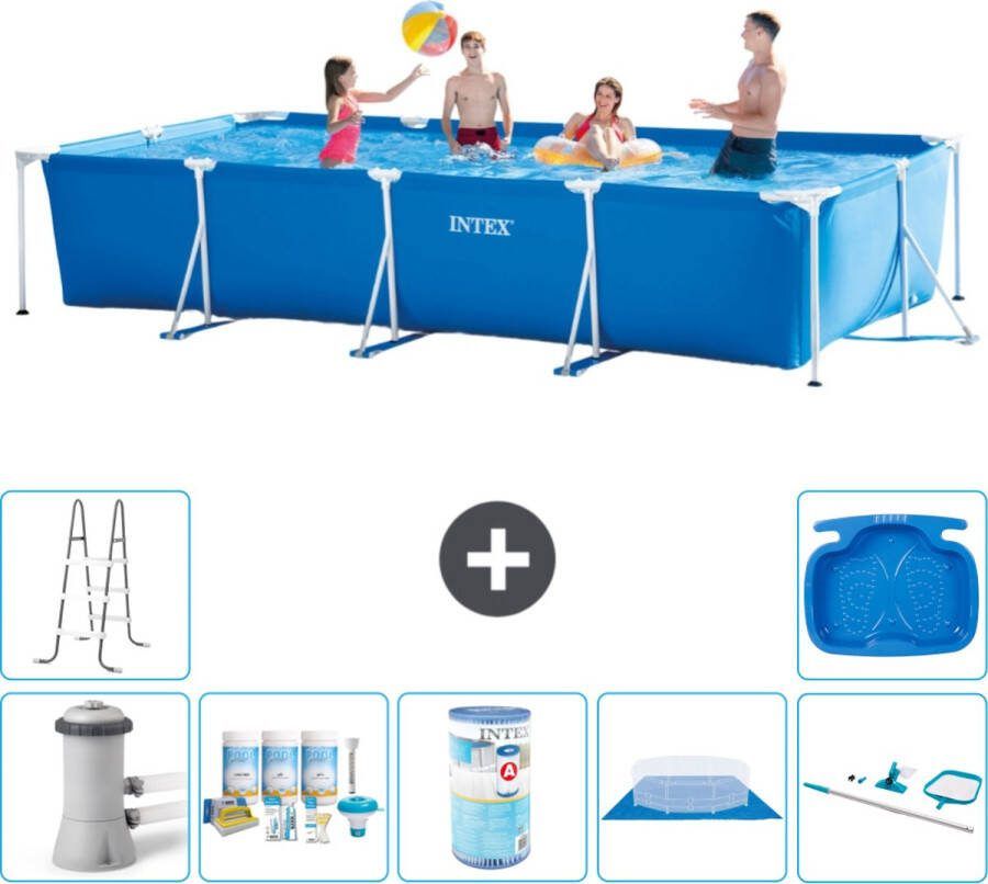 Intex Frame Pool Intex Rechthoekig Frame Zwembad 450 x 220 x 84 cm Blauw Inclusief Pomp Onderhoudspakket Filter Grondzeil Schoonmaakset Ladder Voetenbad