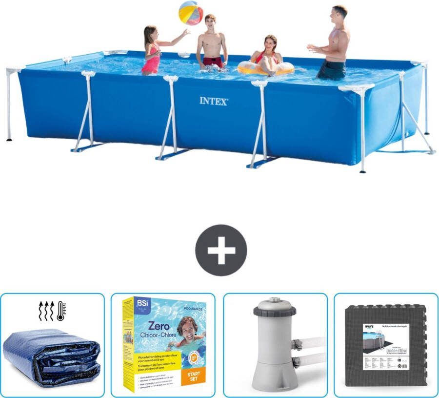 Intex Frame Pool Intex Rechthoekig Frame Zwembad 450 x 220 x 84 cm Blauw Inclusief Solarzeil Onderhoudspakket Zwembadfilterpomp Vloertegels
