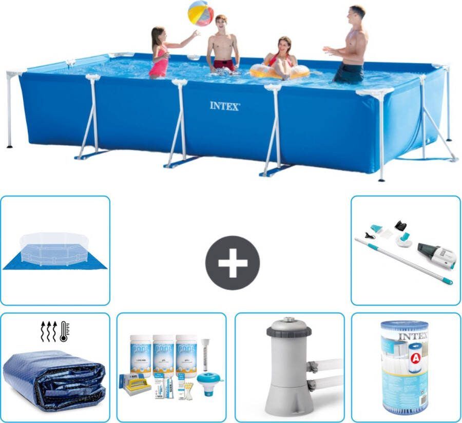 Intex Frame Pool Intex Rechthoekig Frame Zwembad 450 x 220 x 84 cm Blauw Inclusief Solarzeil Onderhoudspakket Zwembadfilterpomp Filter Grondzeil Stofzuiger