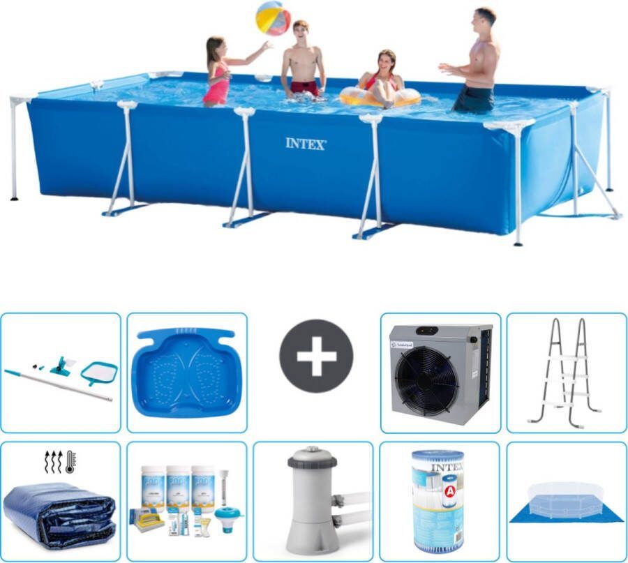 Intex Frame Pool Intex Rechthoekig Frame Zwembad 450 x 220 x 84 cm Blauw Inclusief Solarzeil Onderhoudspakket Zwembadfilterpomp Filter Grondzeil Schoonmaakset Ladder Voetenbad Warmtepomp