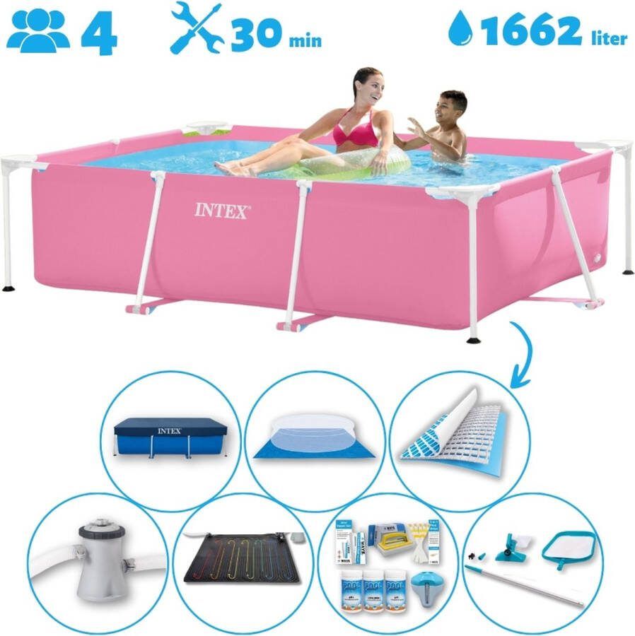 Intex Frame Pool Intex Rechthoekig Opzetzwembad 220 x 150 x 60 cm Roze Inclusief Pomp Solar Mat Onderhoudspakket Grondzeil Afdekzeil Schoonmaaktset