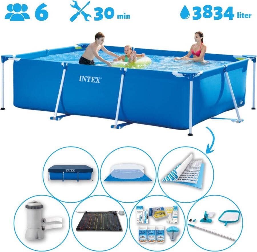 Intex Frame Pool Intex Rechthoekig Opzetzwembad 300 x 200 x 75 cm Blauw Inclusief Pomp Solar Mat Onderhoudspakket Grondzeil Afdekzeil Schoonmaaktset