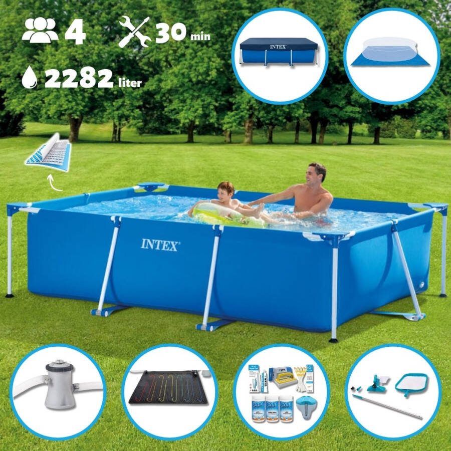 Intex Frame Pool Intex Zwembad Opzetzwembad Rechthoekig 260 x 160 x 65 cm Blauw Inclusief Pomp Verwarmingsmat Chloorpakket Onderzeil Afdekzeil Schoonmaaktset