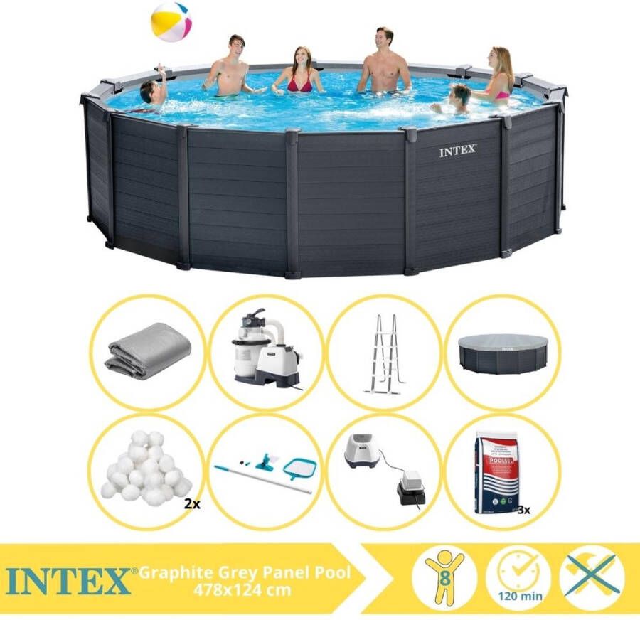 Intex Graphite Gray Panel Zwembad Opzetzwembad 478x124 cm Inclusief Filterbollen Onderhoudsset Zoutsysteem en Zout
