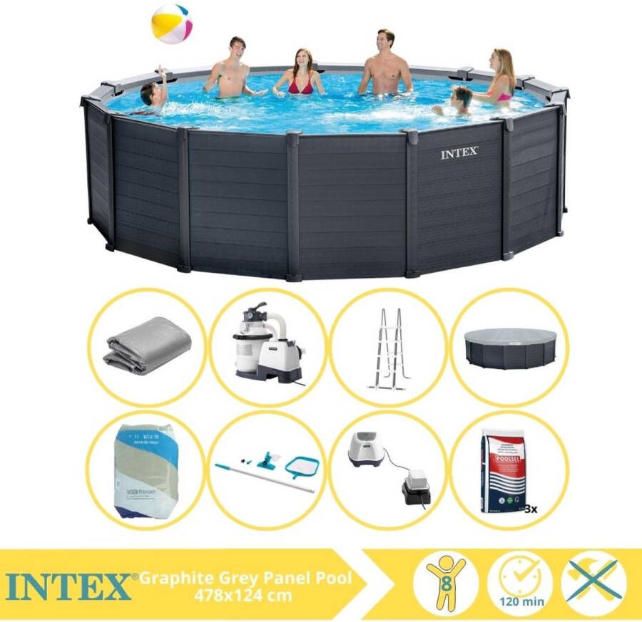 Intex Graphite Gray Panel Zwembad Opzetzwembad 478x124 cm Inclusief Filterzand Onderhoudsset Zoutsysteem en Zout