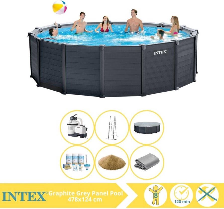 Intex Graphite Gray Panel Zwembad Opzetzwembad 478x124 cm Inclusief Onderhoudspakket en Filterzand