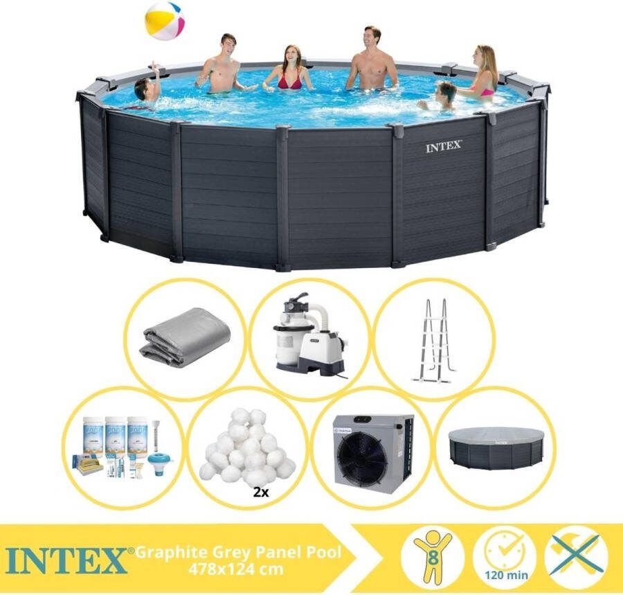 Intex Graphite Gray Panel Zwembad Opzetzwembad 478x124 cm Inclusief Onderhoudspakket Filterbollen en Warmtepomp CP