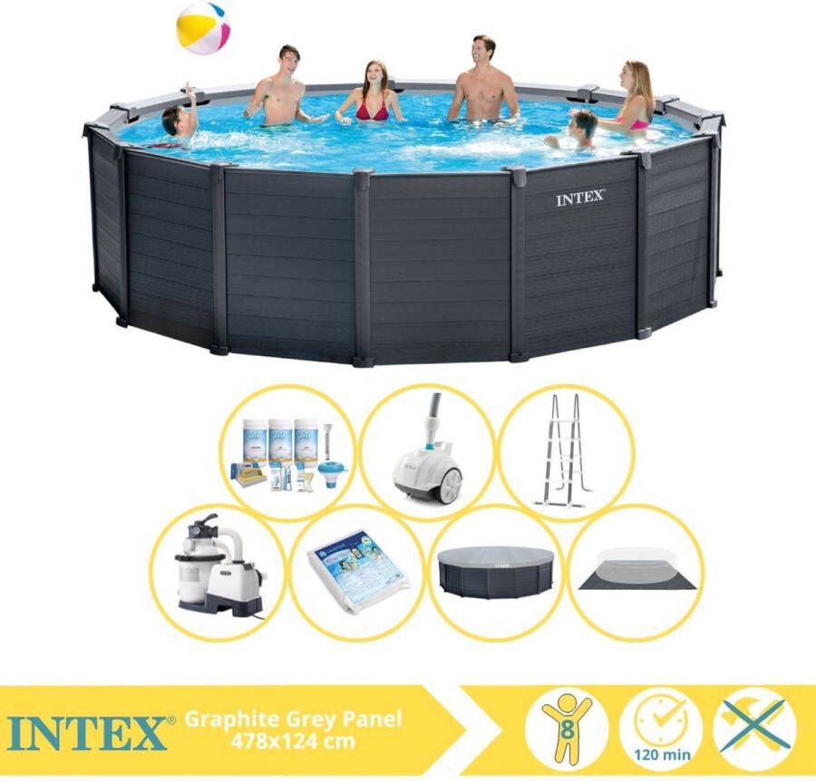 Intex Graphite Gray Panel Zwembad Opzetzwembad 478x124 cm Inclusief Onderhoudspakket Glasparels en Zwembad Stofzuiger