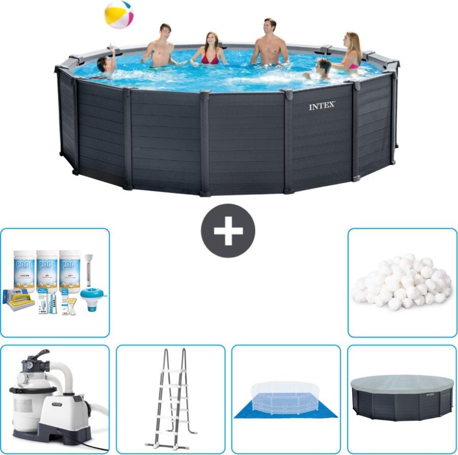 Intex Graphite Grey Intex Rond Graphite Gray Panel Zwembad 478 x 124 cm Inclusief Pomp Ladder Grondzeil Afdekzeil Onderhoudspakket Filterbollen