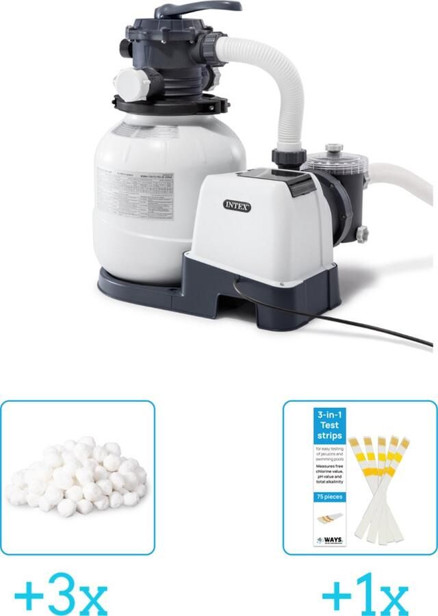 Intex 26646GS Zandfilterpomp SX2100 6000 liter per uur inclusief Filterbollen Geschikt voor zandfilterpomp 29045 (3 stuks) & WAYS Testrips (1 stuks)