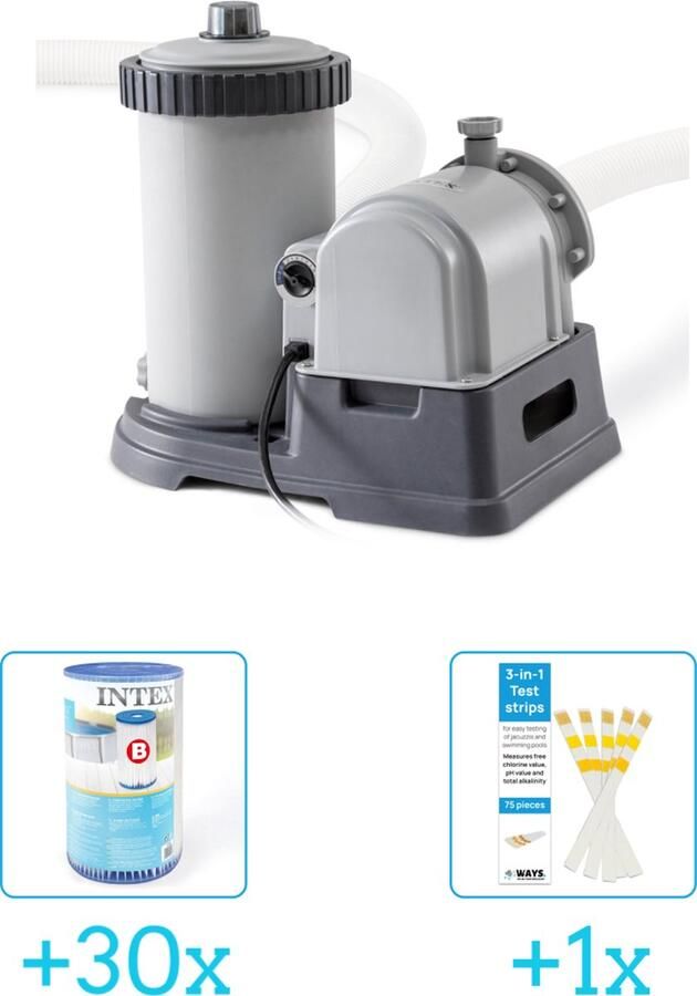 Intex 28634GS Filterpomp 9.463 liter per uur inclusief Filtercartridge Type B 29005 Filter voor filterpomp (30 stuks) & WAYS Testrips (1 stuks)