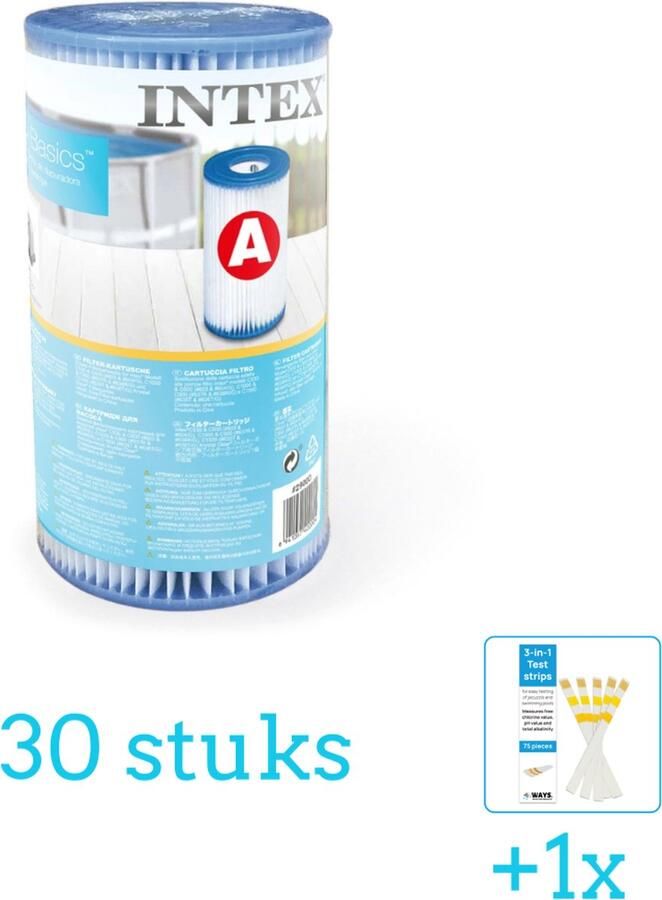 Intex Filter Cardridge Type A 30 stuks Voordeelverpakking Inclusief WAYS Testrips (1 stuks) Type A filter Geschikt voor 28604GS 28636GS 28638GS Pomp