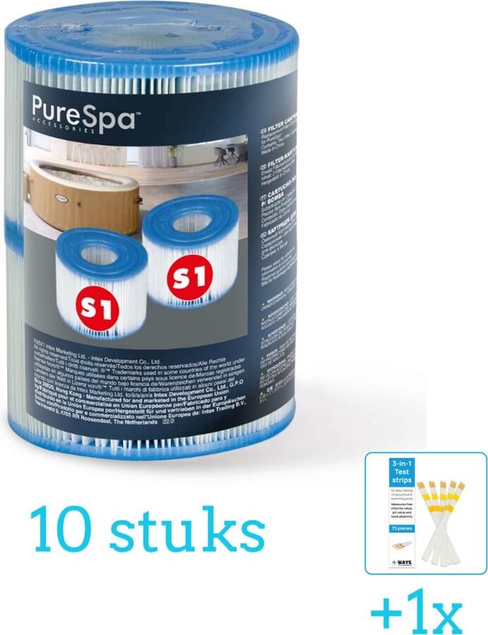 Intex Filter Cartridge S1 voor Opblaas Spa Jacuzzi (per 2 verpakt) 10 stuks Voordeelverpakking Inclusief WAYS Testrips (1 stuks) Geschikt voor Spa