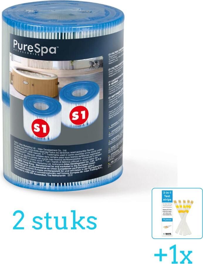 Intex Filter Cartridge S1 voor Opblaas Spa Jacuzzi (per 2 verpakt) 2 stuks Voordeelverpakking Inclusief WAYS Testrips (1 stuks) Geschikt voor Spa