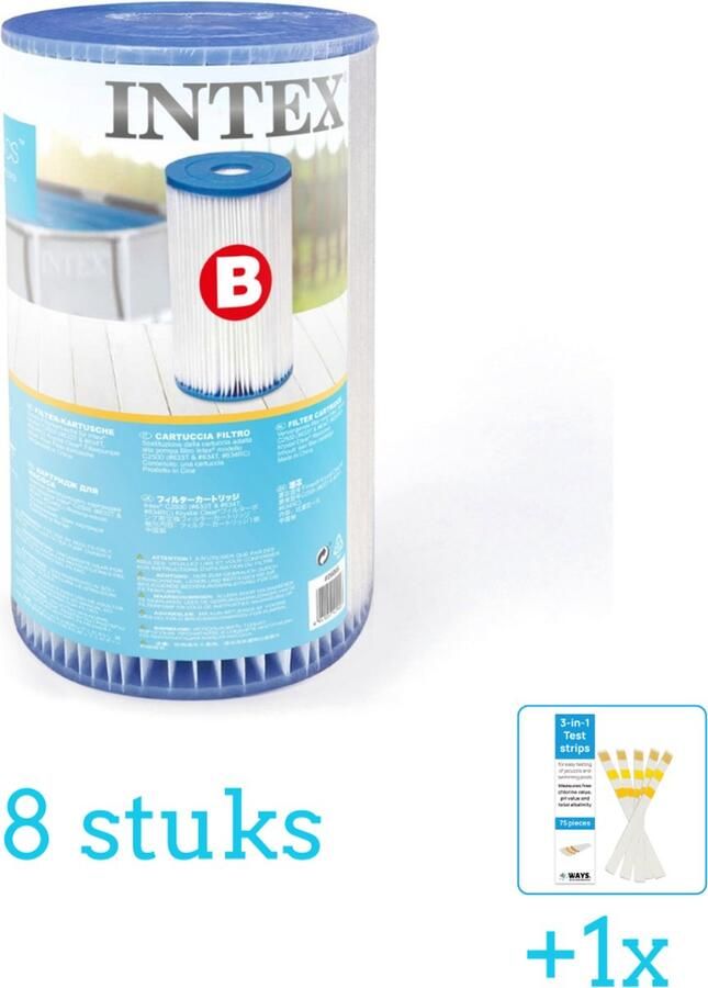 Intex Filtercartridge Type B 29005 Filter voor filterpomp 8 stuks Voordeelverpakking Inclusief WAYS Testrips (1 stuks) Type B filter Geschikt voor 28634GS Pomp