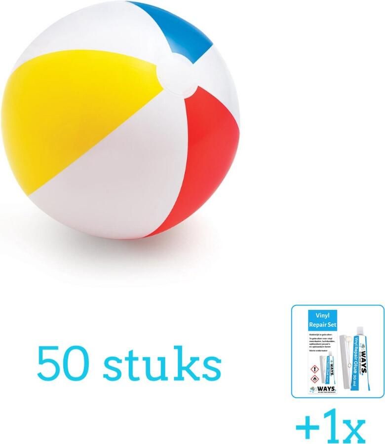 Intex Opblaasbare Strandbal Glossy Medium 51 cm 59020NP Diameter 51 cm 50 stuks Voordeelverpakking Inclusief WAYS Reparatiesetje (1 stuks)
