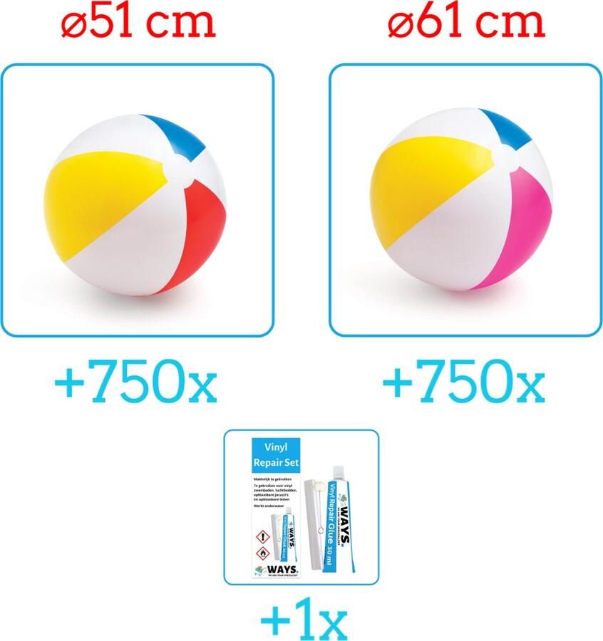 Intex Opblaasbare Strandballen Strandbal Voordeelverpakking 2 x 750 stuks Strandbal Jumbo Diameter 51 en 61 cm Ideal voor Festivals Inclusief handig Reparatiesetje