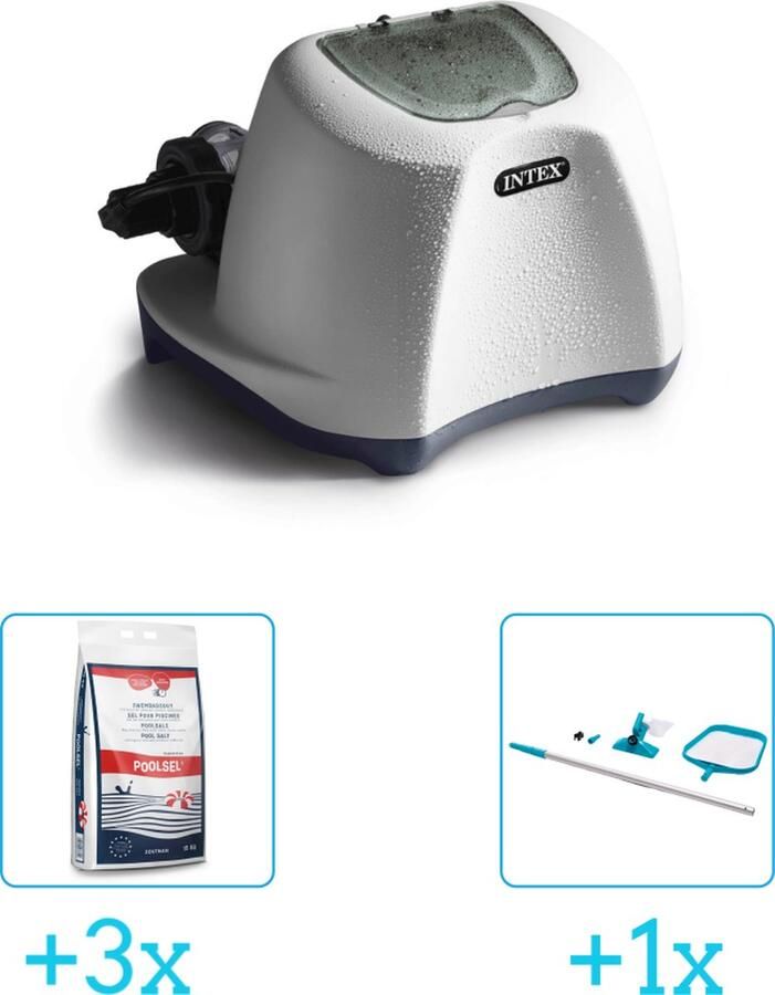 Intex QS1200 zoutwwatersysteem Zwembaden tot 56.800 liter inclusief Zwembadzout 15 kg. (3 stuks) & Onderhoudsset met telescoopsteel 2-delig 28002 (1 stuks)