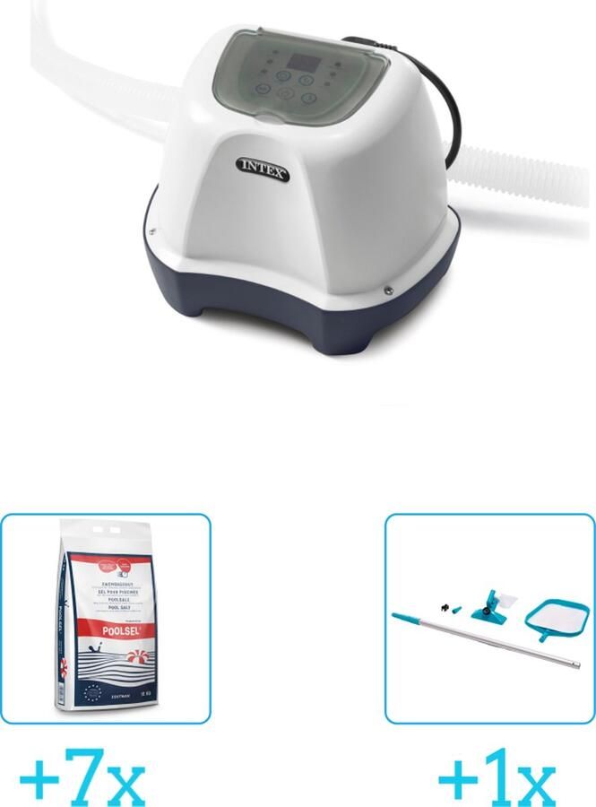 Intex QS400 zoutwatersysteem Zwembaden tot 17.413 liter inclusief Zwembadzout 15 kg. (7 stuks) & Onderhoudsset met telescoopsteel 2-delig 28002 (1 stuks)
