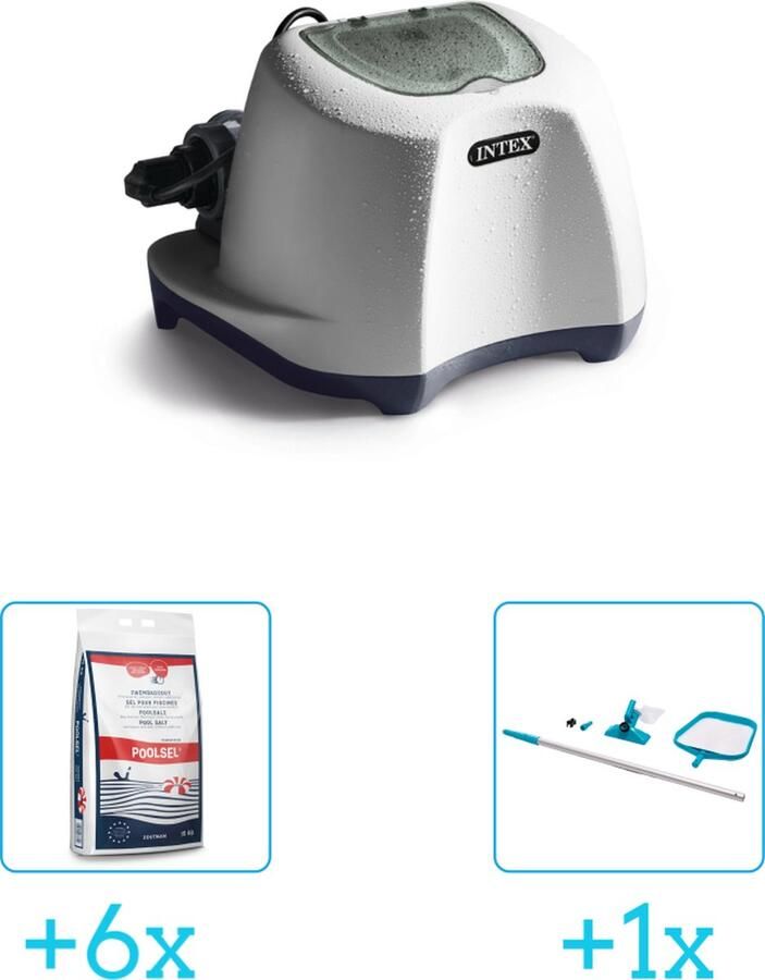 Intex QS500 zoutwatersysteem Zwembaden tot 26.500 liter inclusief Zwembadzout 15 kg. (6 stuks) & Onderhoudsset met telescoopsteel 2-delig 28002 (1 stuks)