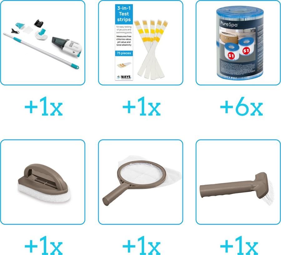 Intex Spa Onderhoudsset Startersset Onderhoud Spa bevat Schoonmaaksets Stofzuiger Testrips en Filters Spa Onderhoud Startersset Onderhoud voor Spa Geschikt voor alle type Spa's (4-delig)