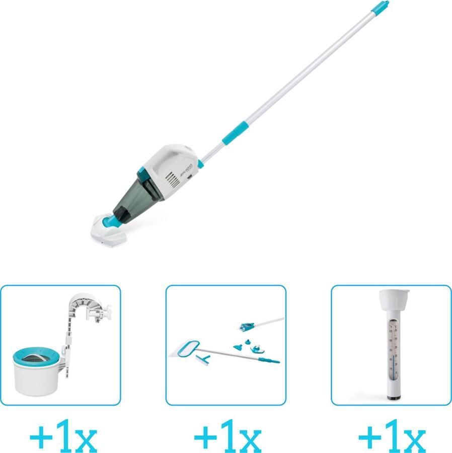 Intex Zwembadonderhoud Zwembad stofzuiger ZR100 Oplaadbaar Handmatig 28626 inclusief Skimmer Schoonmaakset en Thermometer 4-delig Ideaal voor zwembaden tot 549 m lengte Zwembadstofzuiger