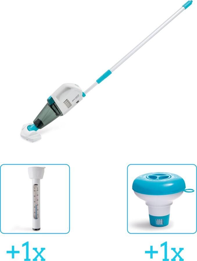 Intex Zwembadonderhoud Zwembad stofzuiger ZR100 Oplaadbaar Handmatig 28626 inclusief Thermometer en Chloordrijver 3-delig Ideaal voor zwembaden tot 549 m lengte Zwembadstofzuiger