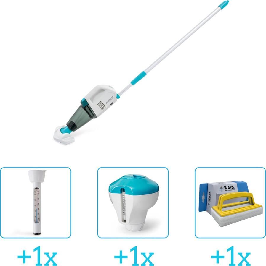 Intex Zwembadonderhoud Zwembad stofzuiger ZR100 Oplaadbaar Handmatig 28626 inclusief Thermometer Chloordrijver en Scrubborstel 4-delig Ideaal voor zwembaden tot 549 m lengte Zwembadstofzuiger