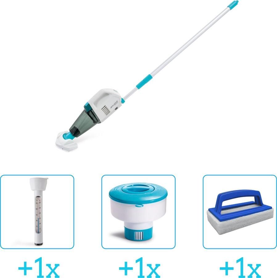 Intex Zwembadonderhoud Zwembad stofzuiger ZR100 Oplaadbaar Handmatig 28626 inclusief Thermometer Chloordrijver en Scrubborstel 4-delig Ideaal voor zwembaden tot 549 m lengte Zwembadstofzuiger
