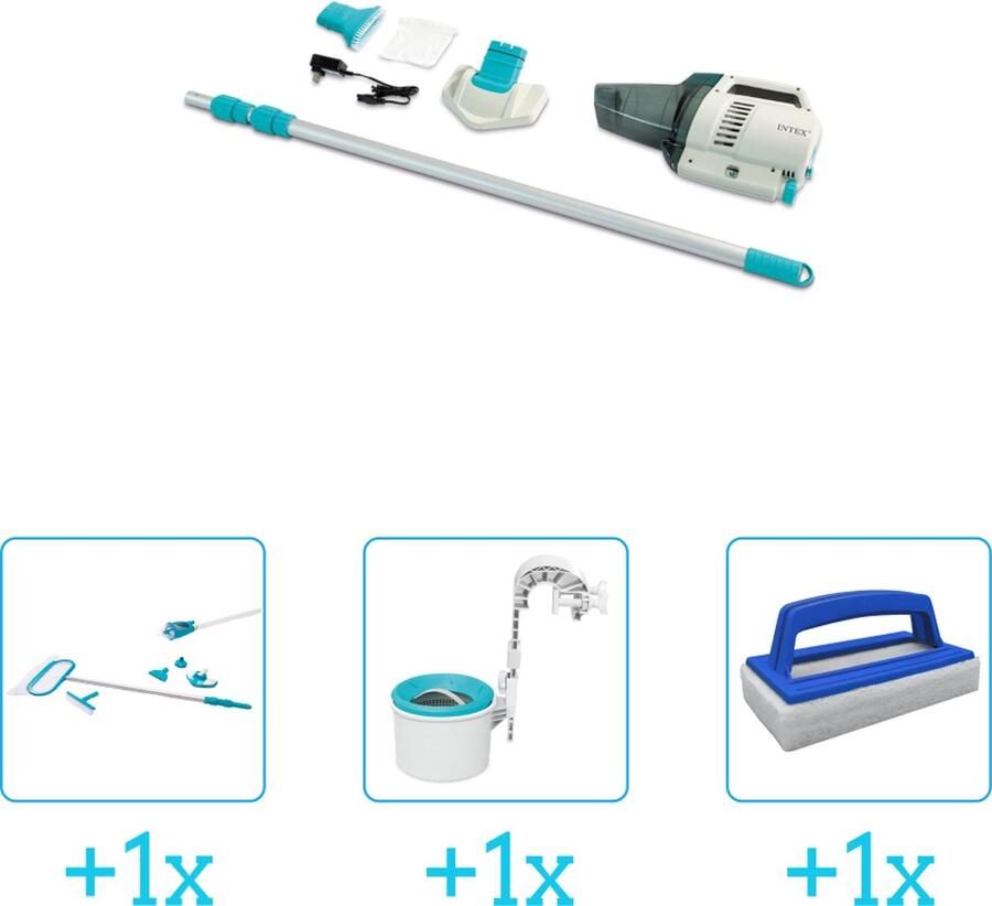 Intex Zwembadonderhoud Zwembad stofzuiger ZR200 Oplaadbaar Handmatig 28628 inclusief Schoonmaakset Skimmer en Scrubborstel 4-delig Geschikt voor alle type zwembaden Zwembadstofzuiger