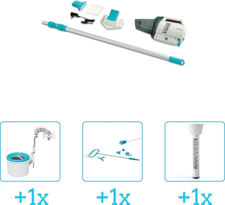 Intex Zwembadonderhoud Zwembad stofzuiger ZR200 Oplaadbaar Handmatig 28628 inclusief Skimmer Schoonmaakset en Thermometer 4-delig Geschikt voor alle type zwembaden Zwembadstofzuiger