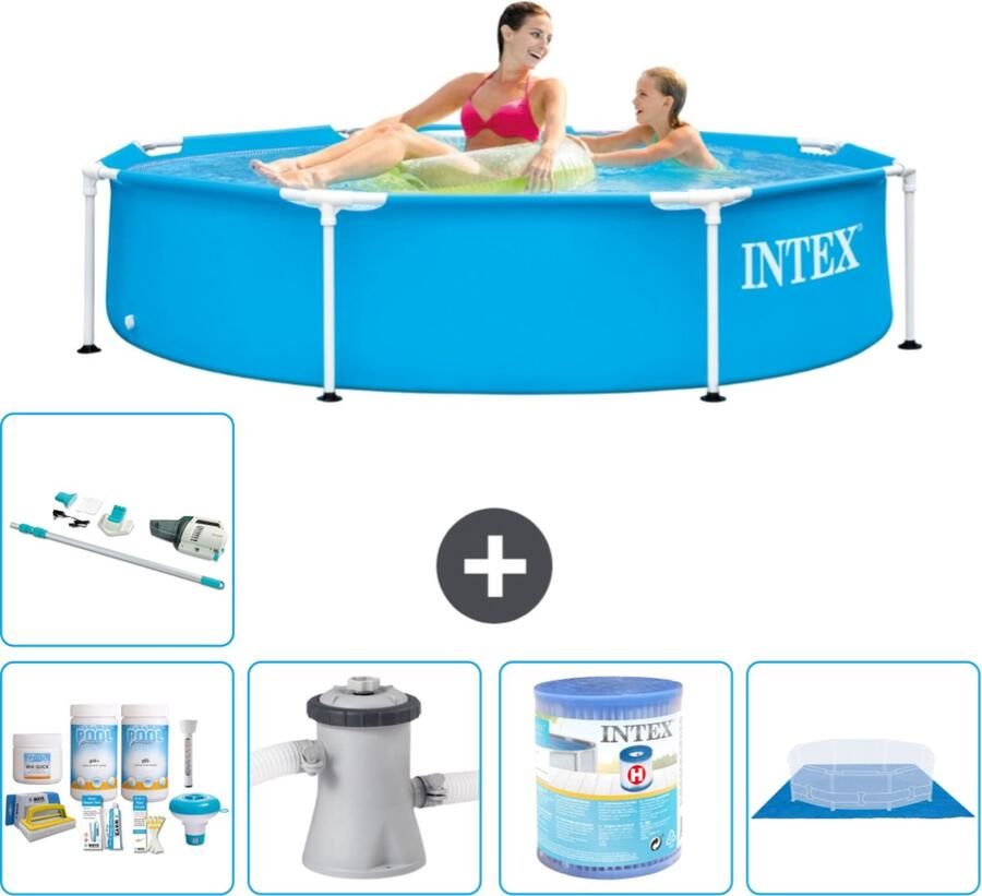 Intex Metal Frame Intex Rond Frame Zwembad 244 x 51 cm Blauw Inclusief Onderhoudspakket Zwembadfilterpomp Filter Grondzeil Stofzuiger