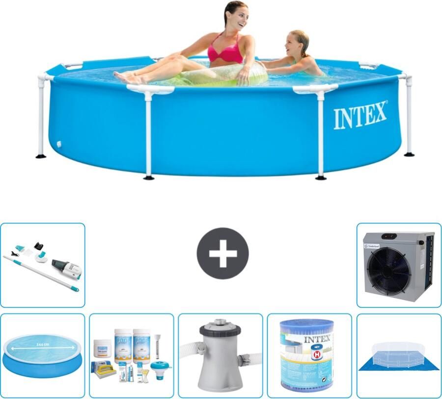 Intex Metal Frame Intex Rond Frame Zwembad 244 x 51 cm Blauw Inclusief Solarzeil Onderhoudspakket Zwembadfilterpomp Filter Grondzeil Stofzuiger Warmtepomp