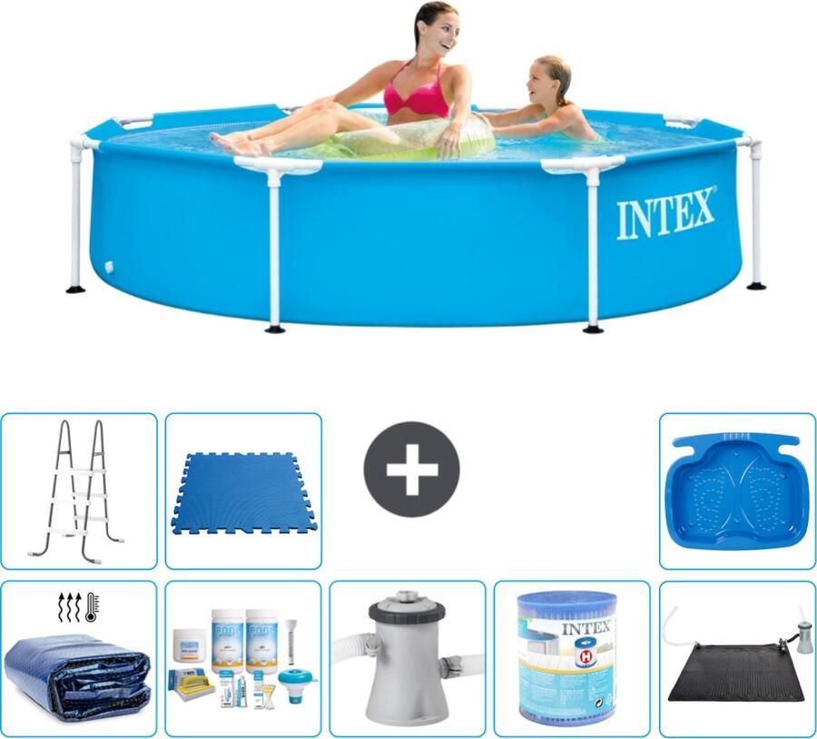 Intex Metal Frame Intex Rond Frame Zwembad 244 x 51 cm Blauw Inclusief Solarzeil Onderhoudspakket Zwembadfilterpomp Filter Solar Mat Ladder Voetenbad Vloertegels